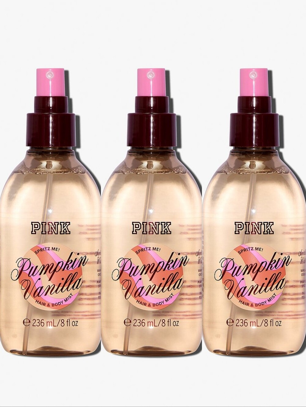 PINK Pumpkin Vanilla Hair & Body Mist Set of 3 NEW